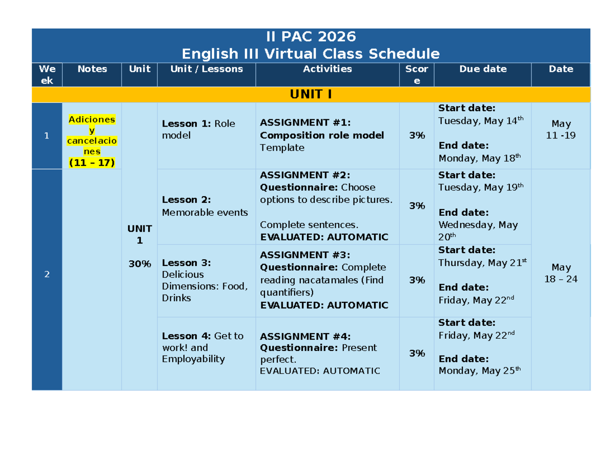 II PAC 2026 - English 3 Virtual Class Activity Calendar - Studocu