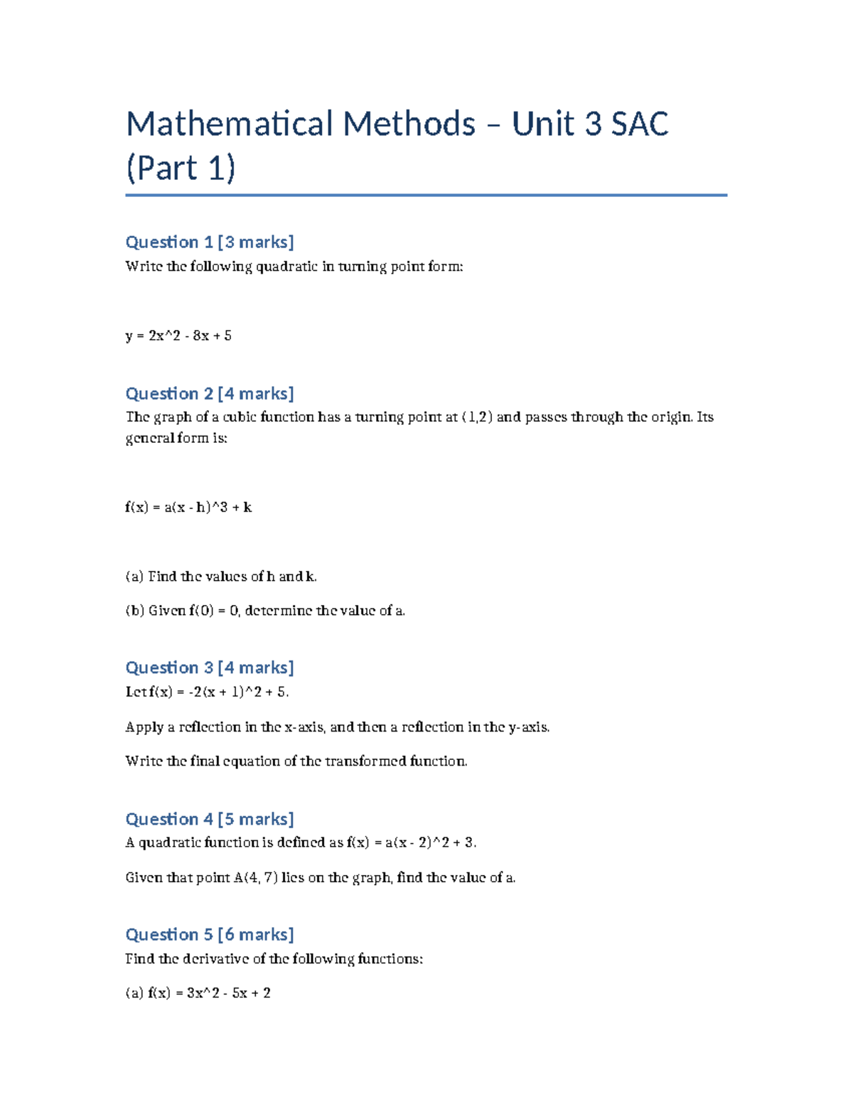 VCE MM Unit3 SAC Part1 - Practice Questions for SAC - Mathematical ...