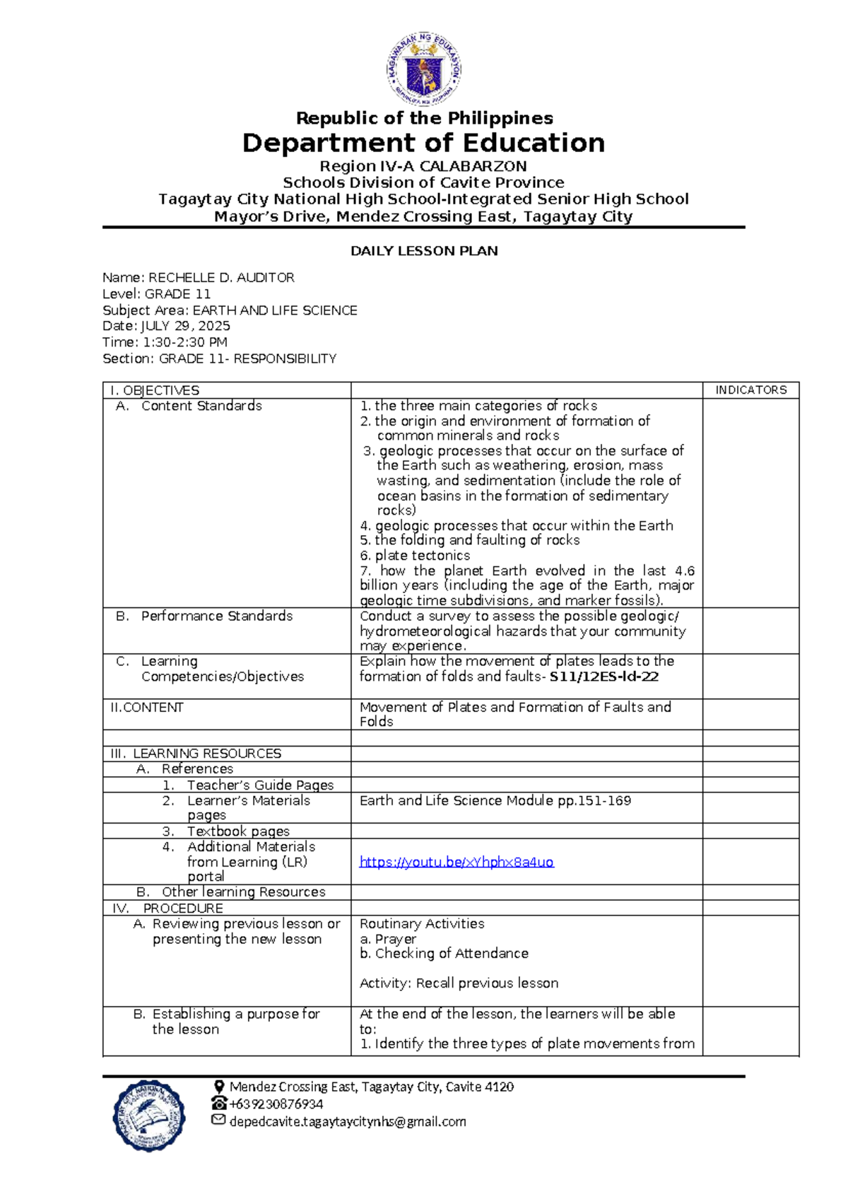 DLP for GRADE 11 EARTH AND LIFE SCIENCE: Tectonic Plates Lesson Plan ...