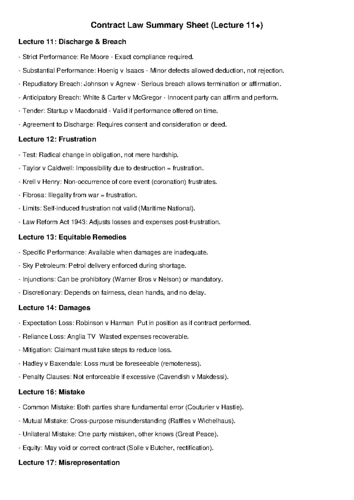 Contract Law Summary Sheet (Lectures 11-17): Key Concepts & Cases - Studocu
