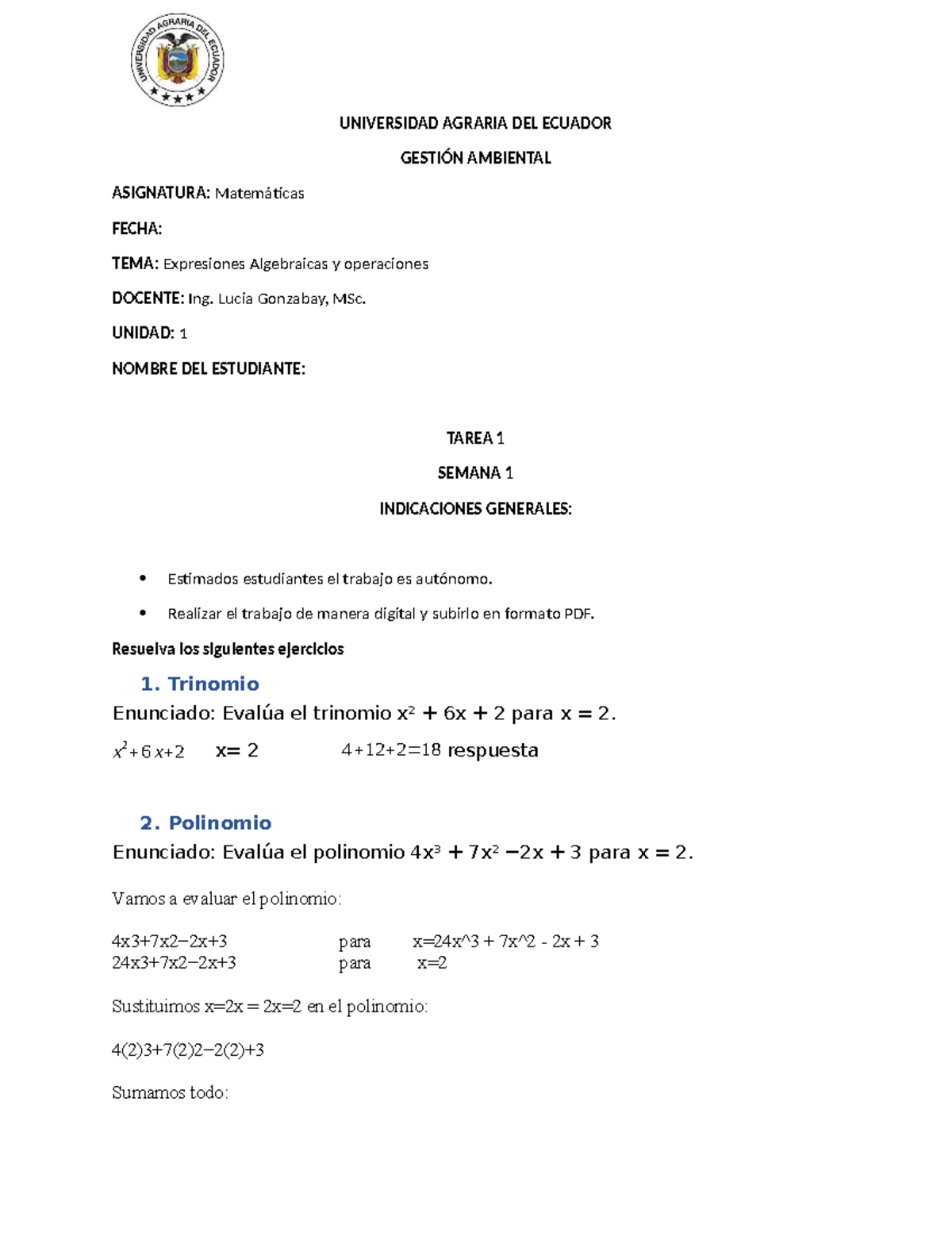 U1 - Tarea 1 Semana 1: Expresiones Algebraicas y Operaciones - Studocu