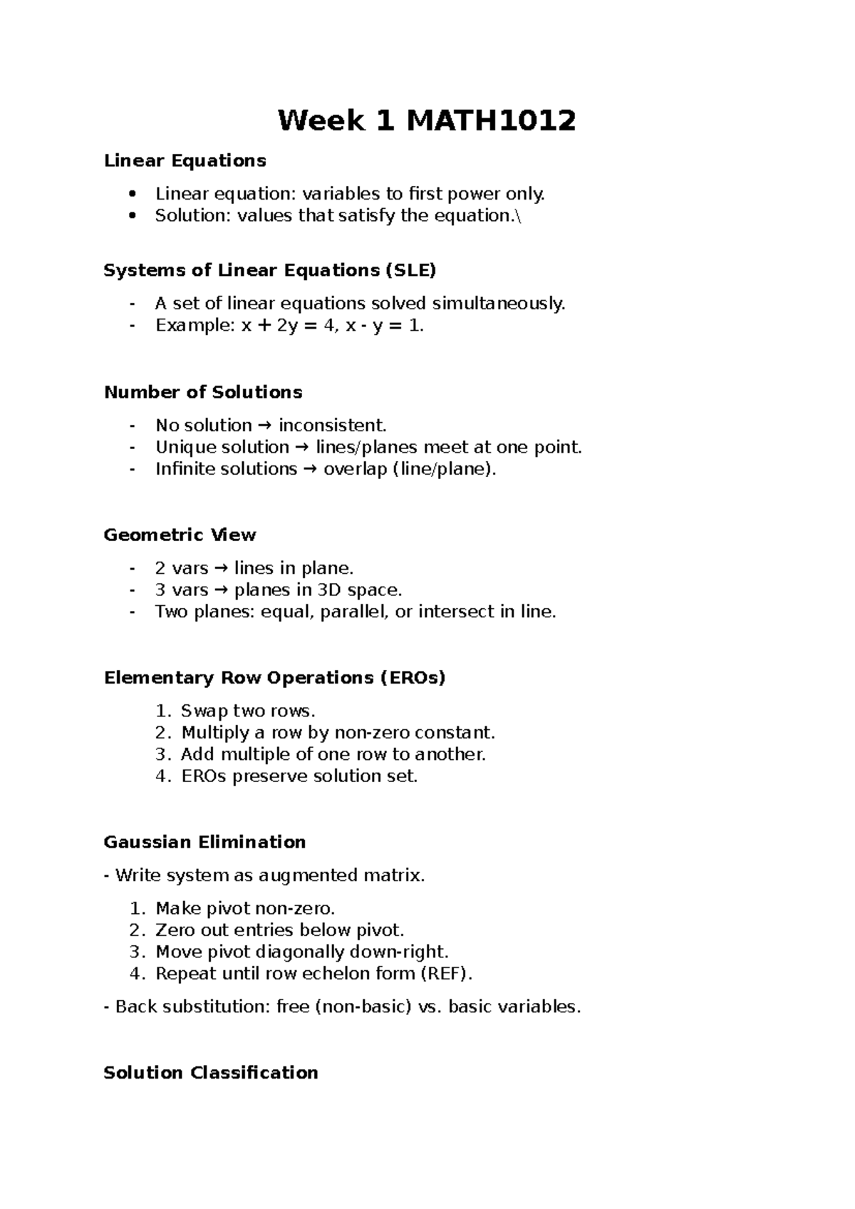 Week 1 MATH1012 Lecture Notes on Linear Equations and Solutions - Studocu