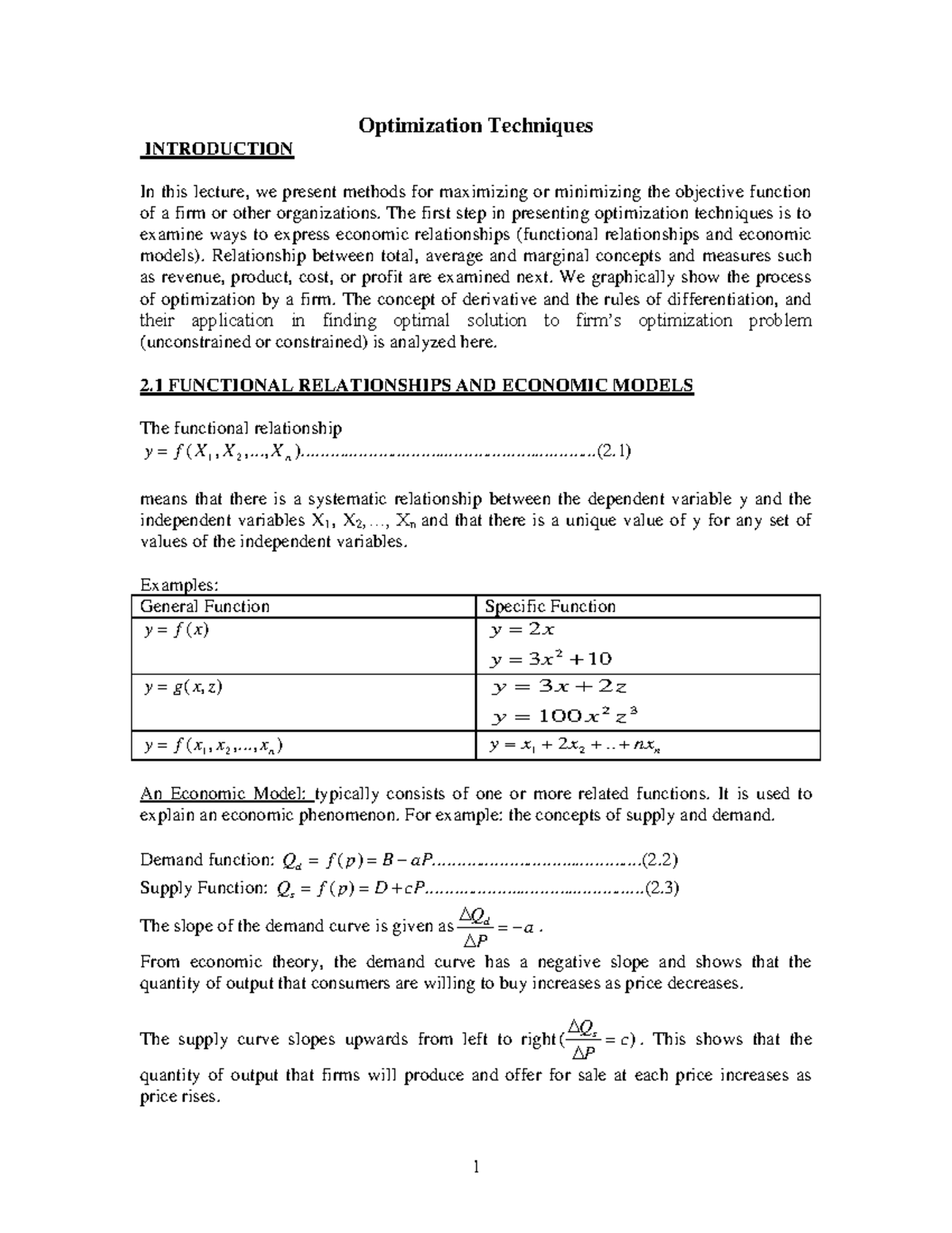 Optimizing Functions: Techniques for Profit Maximization in Eco. Models ...