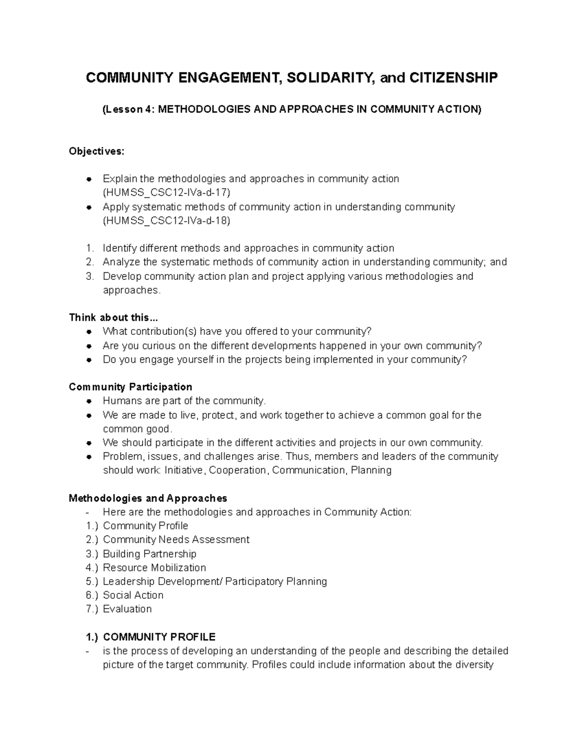CESC - Lesson 4: Methodologies & Approaches in Community Action - Studocu
