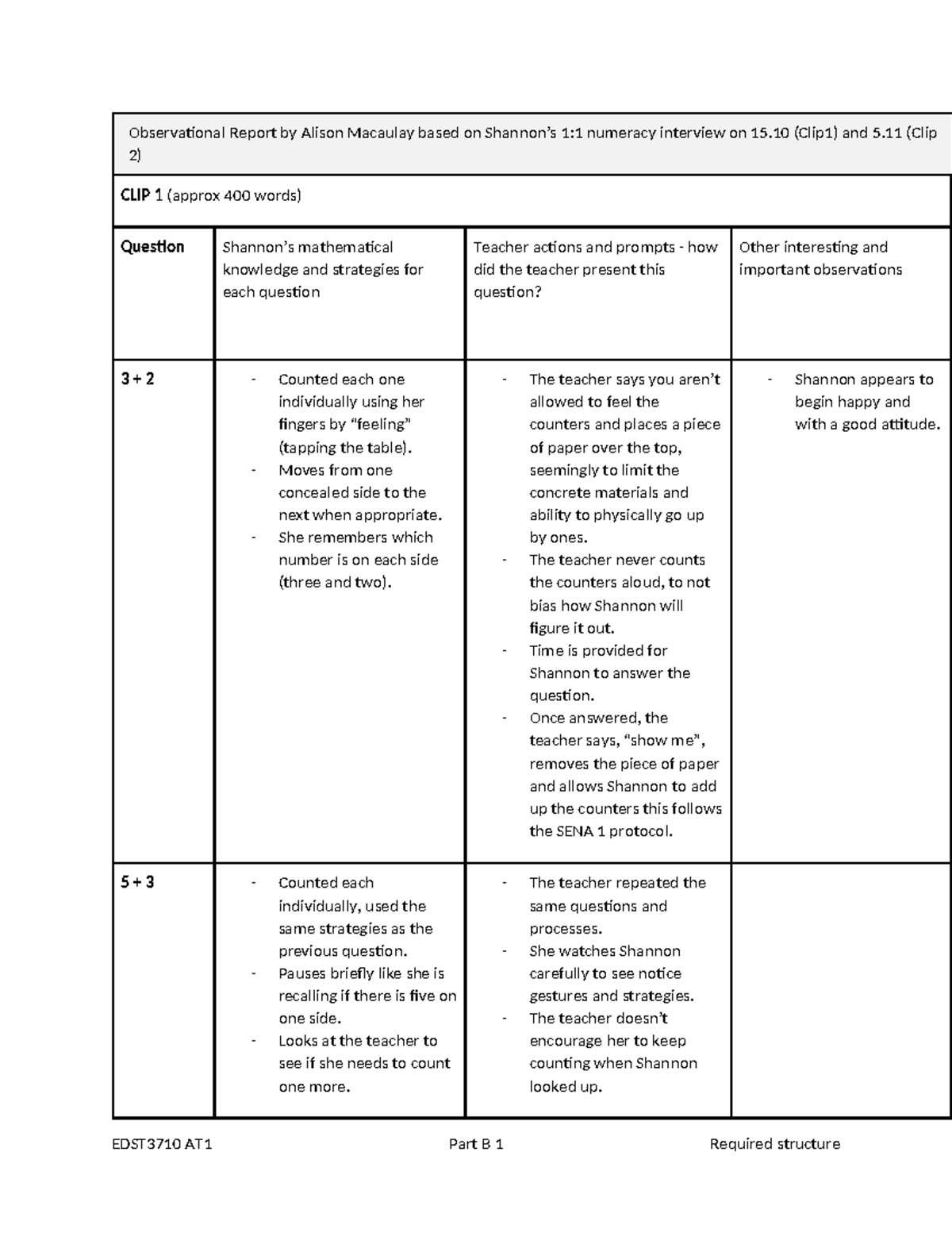 EDST3710 AT1 Observational Report: Numeracy Interview Analysis - Studocu