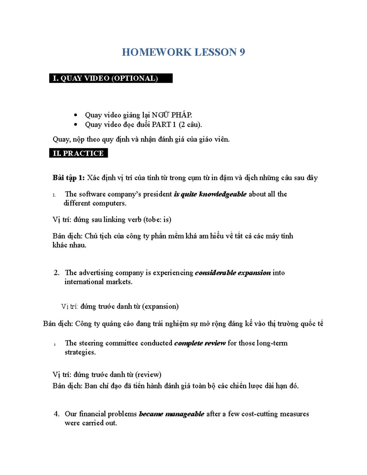 Homework Lesson 9 - đèwffw - HOMEWORK LESSON 9 I. QUAY VIDEO (OPTIONAL ...