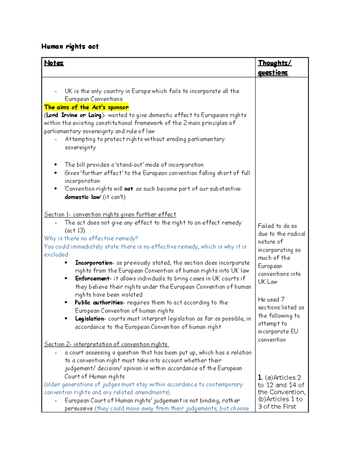 Lecture 6- Human Rights Act - Human rights act Notes Thoughts ...
