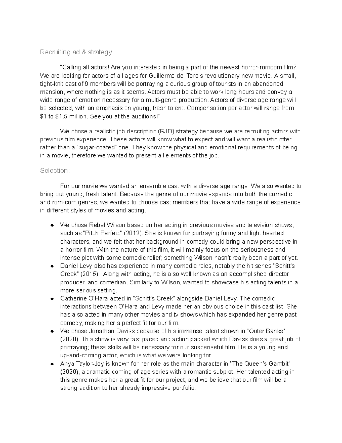 Movie project write-up - Recruiting ad & strategy: “Calling all actors ...