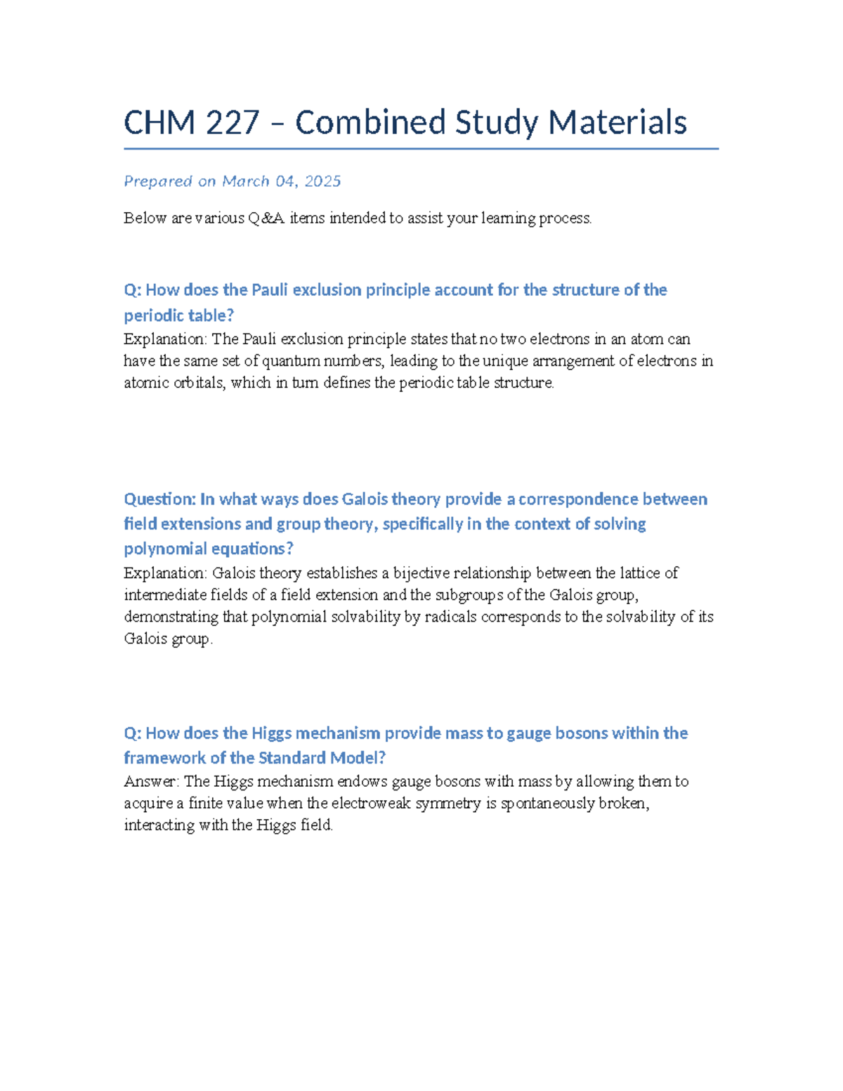 CHM 227 Combined Study Materials: Key Concepts & Explanations - Studocu