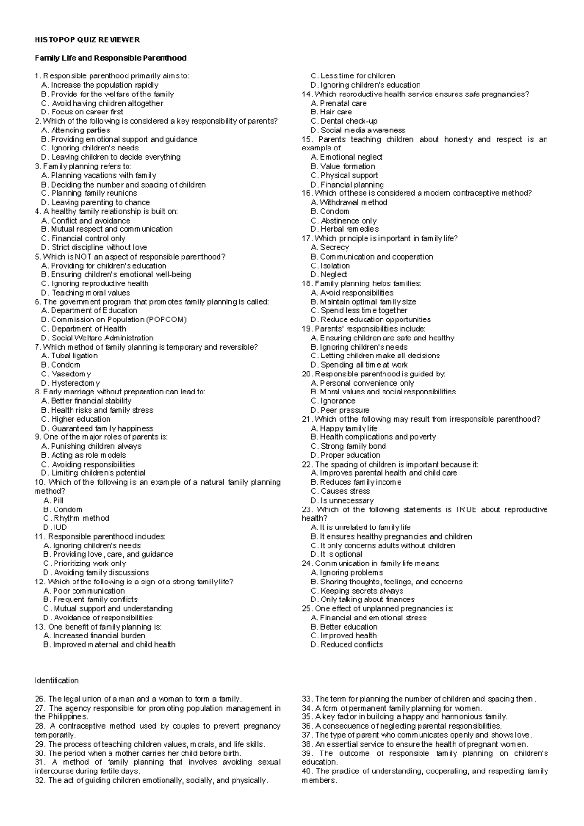 HISTOPOP QUIZ REVIEWER: Family Life & Responsible Parenthood Insights - Document Preview