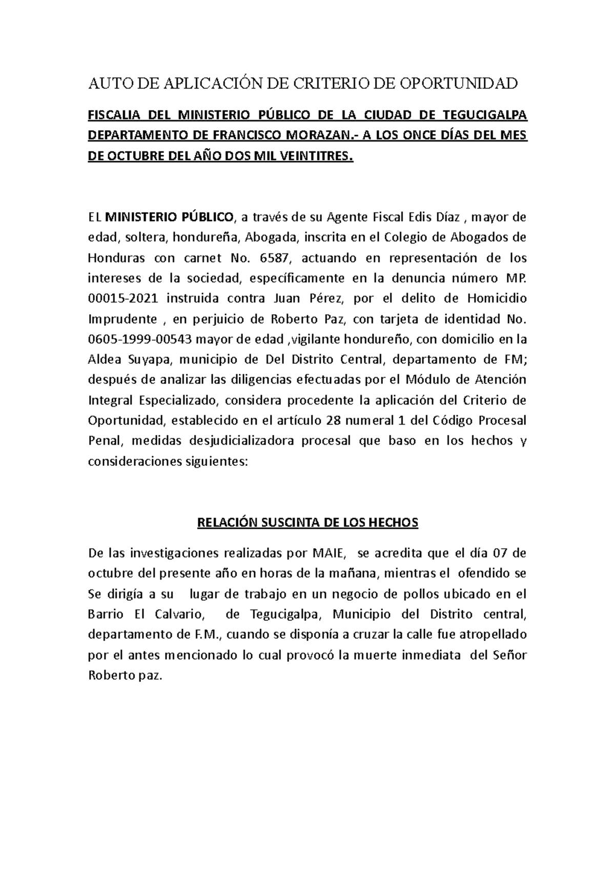 Auto de Aplicación de Criterio de Oportunidad - EDIS y Tania (2023) - Document Preview