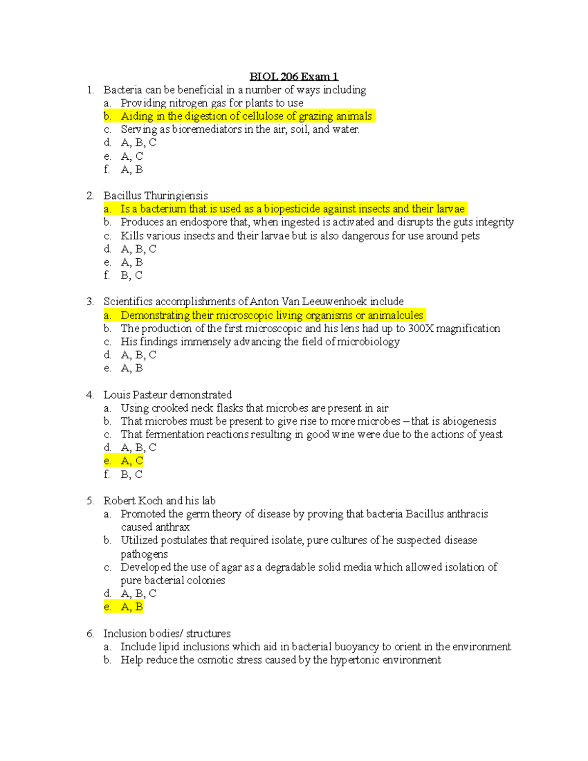 BIOL 206 Exam 1 Comprehensive Practice Questions and Answers - Studocu