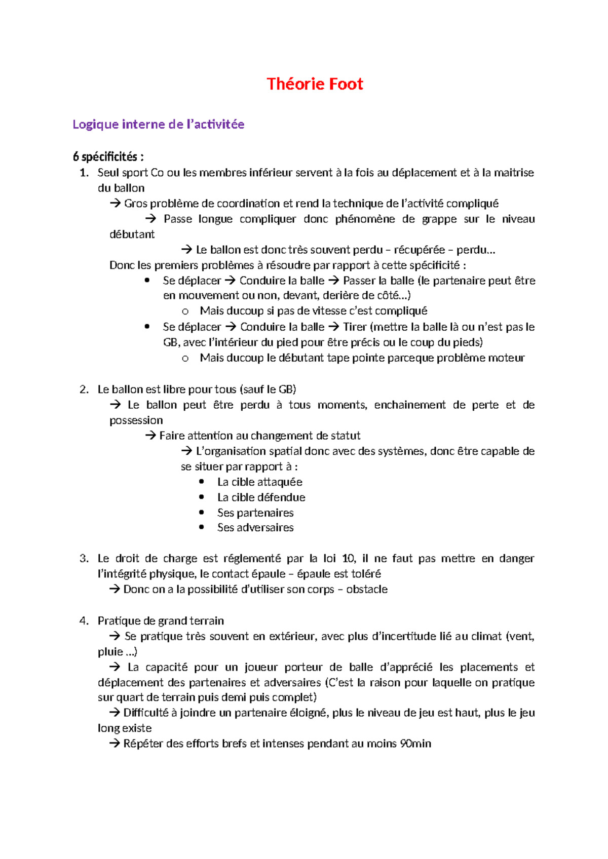 Théorie Foot - L1 FOOT STAPS: Logique Interne et Règlement de Jeu - Studocu