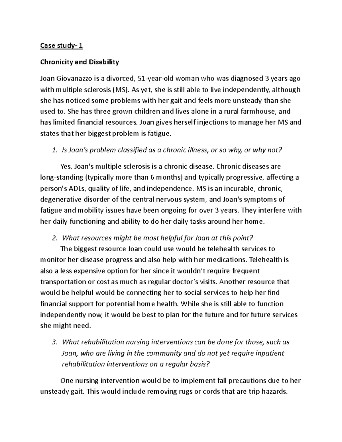 Case Study 1: Chronicity and Disability in Multiple Sclerosis - Studocu
