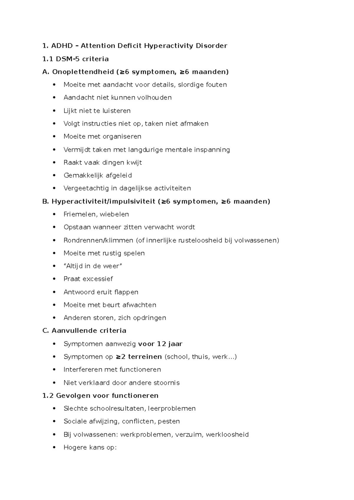 ADHD, ASS, DCD, CP, VB - Criteria en Behandeling Overzicht - Studocu