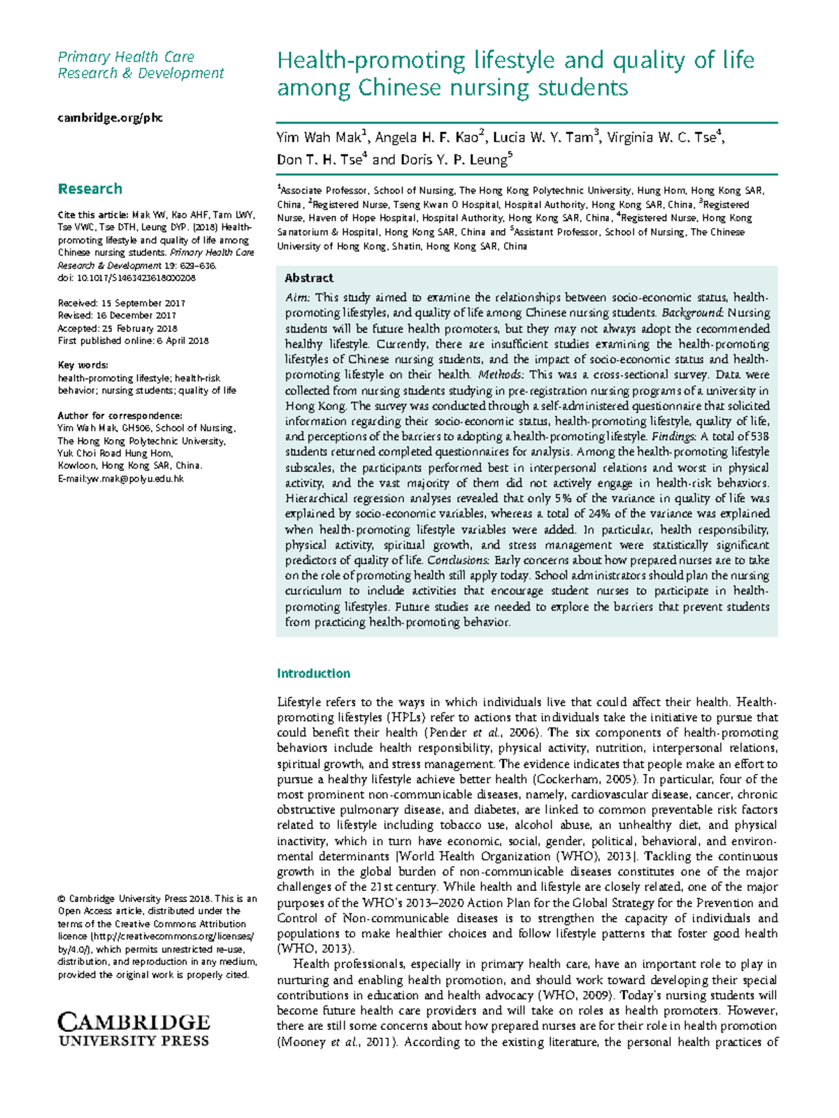 Quality of Life and Health-Promoting Lifestyles Among Chinese Nursing ...