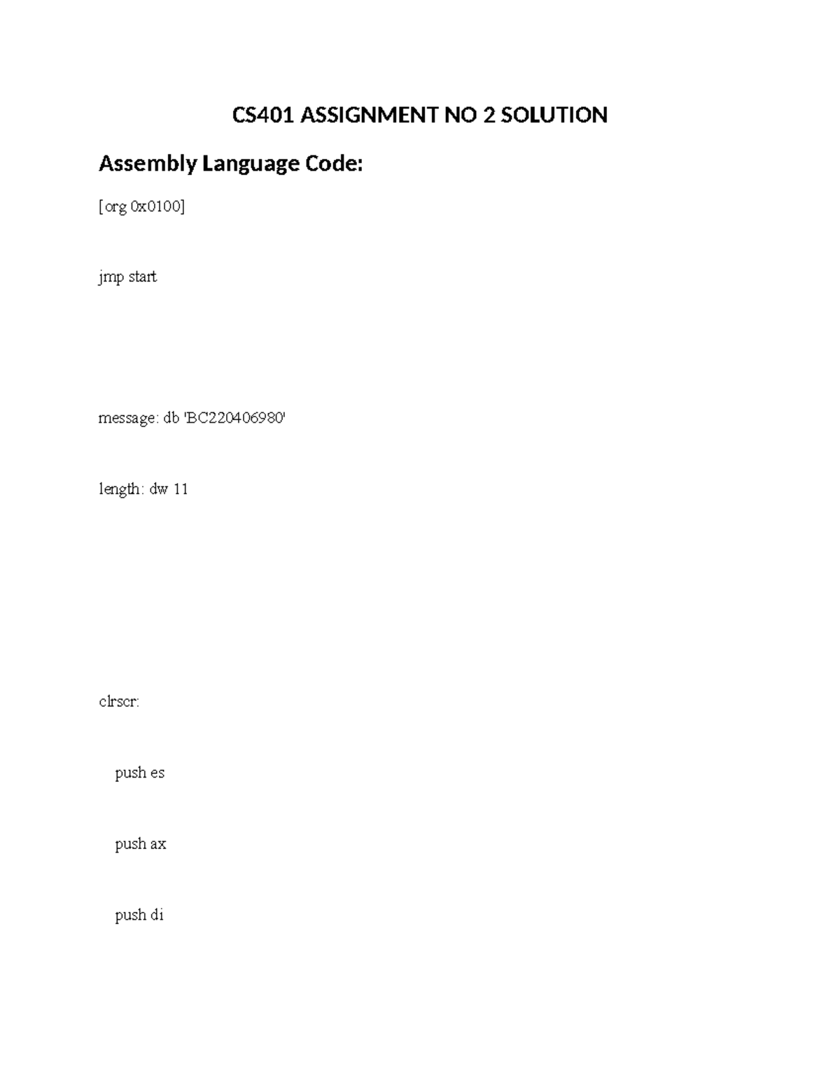 CS401 Assignment 2 Solution: Assembly Language Code Explained - Studocu