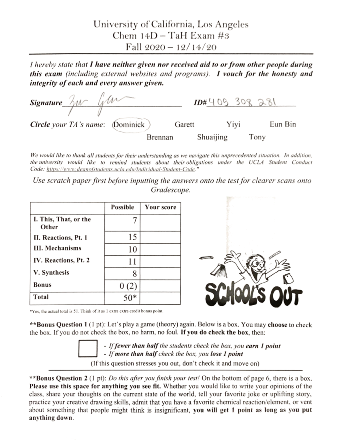 UCLA Chem 14D TaH Final Exam Fall 2020 - Exam Instructions & Questions ...