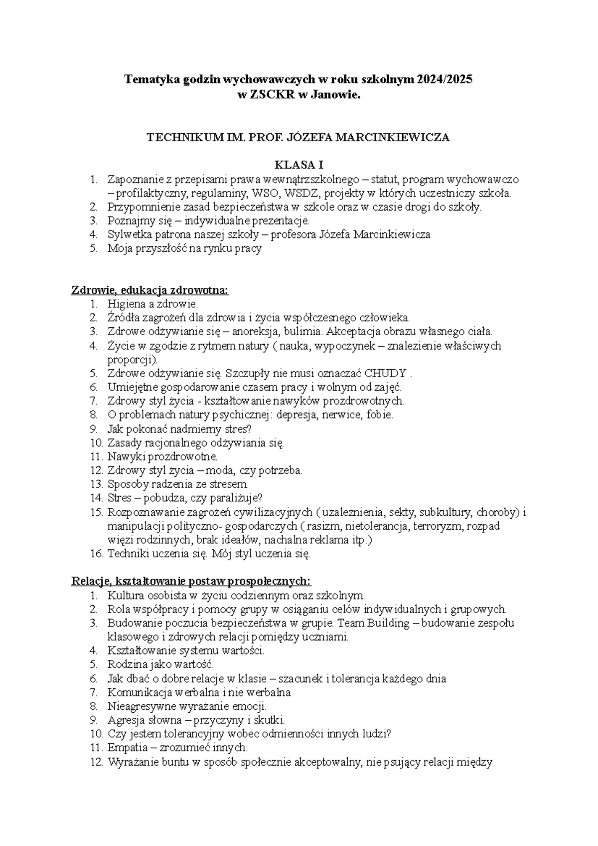 Tematyka godzin wychowawczych w technikum - 2024/2025 - Studocu