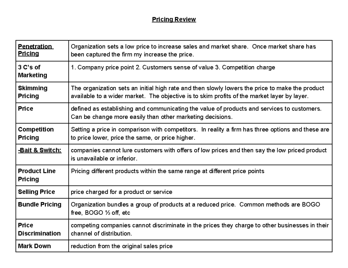 Pricing Strategies Overview - Summary of Key Concepts and Methods - Studocu