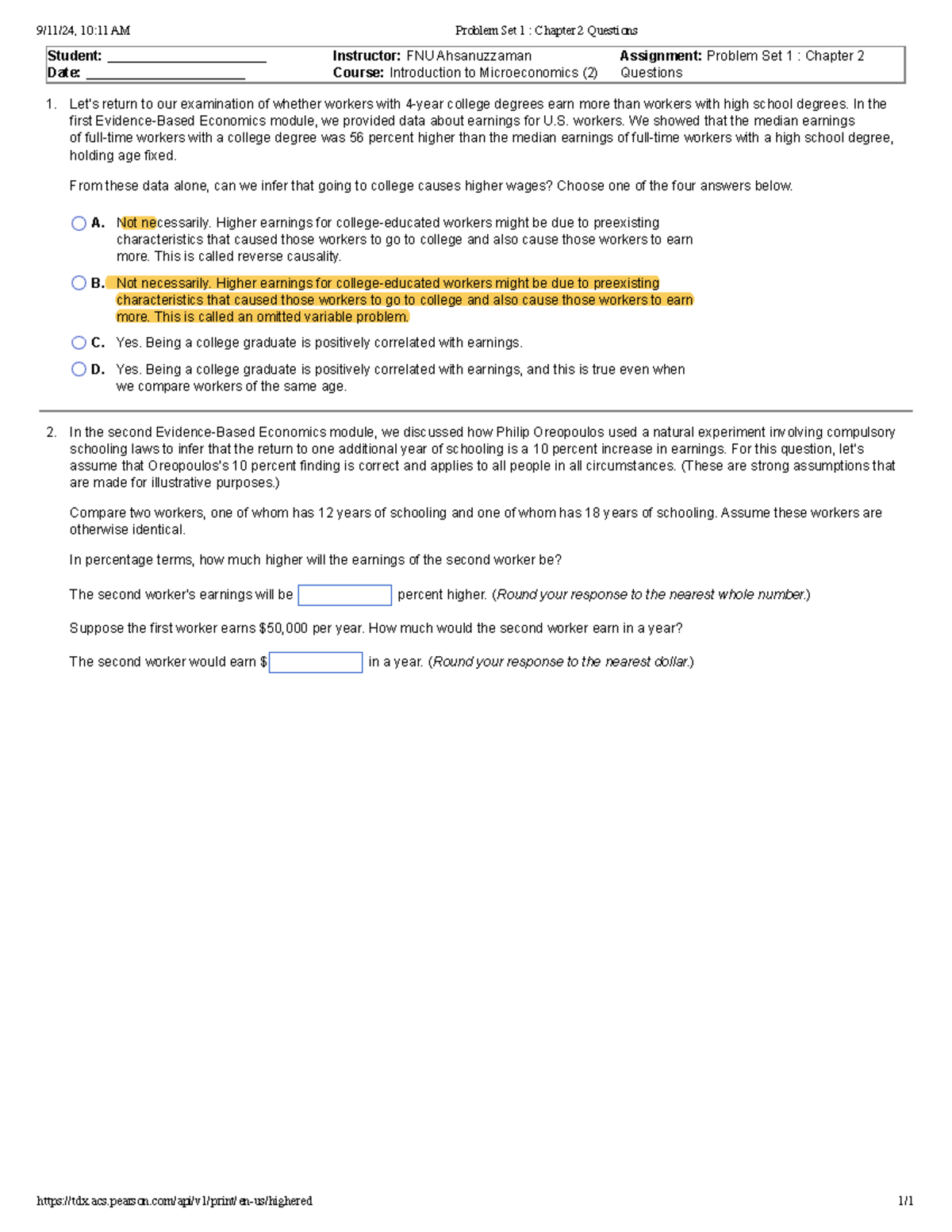 Problem Set 1: Chapter 2 Questions - Intro to Microeconomics (2) - 1. 2 ...