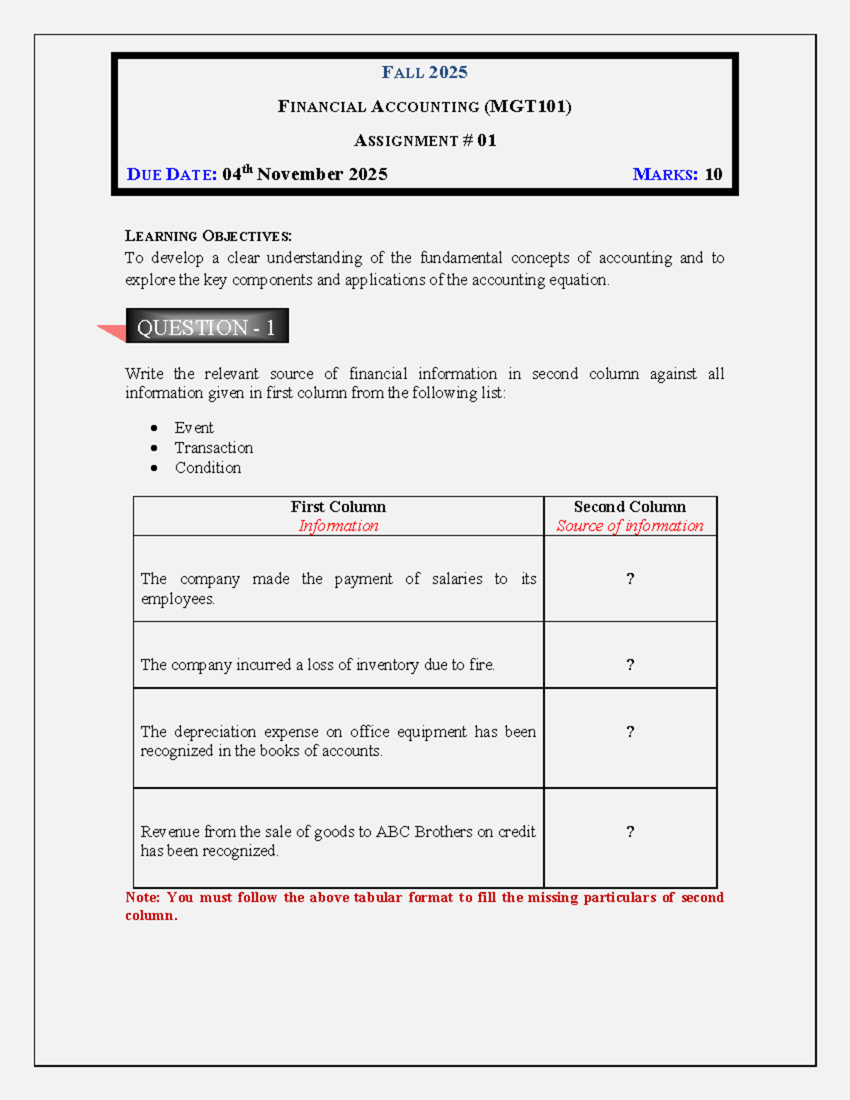 FALL 2025 MGT101 FINANCIAL ACCOUNTING ASSIGNMENT 01 GUIDELINES - Studocu