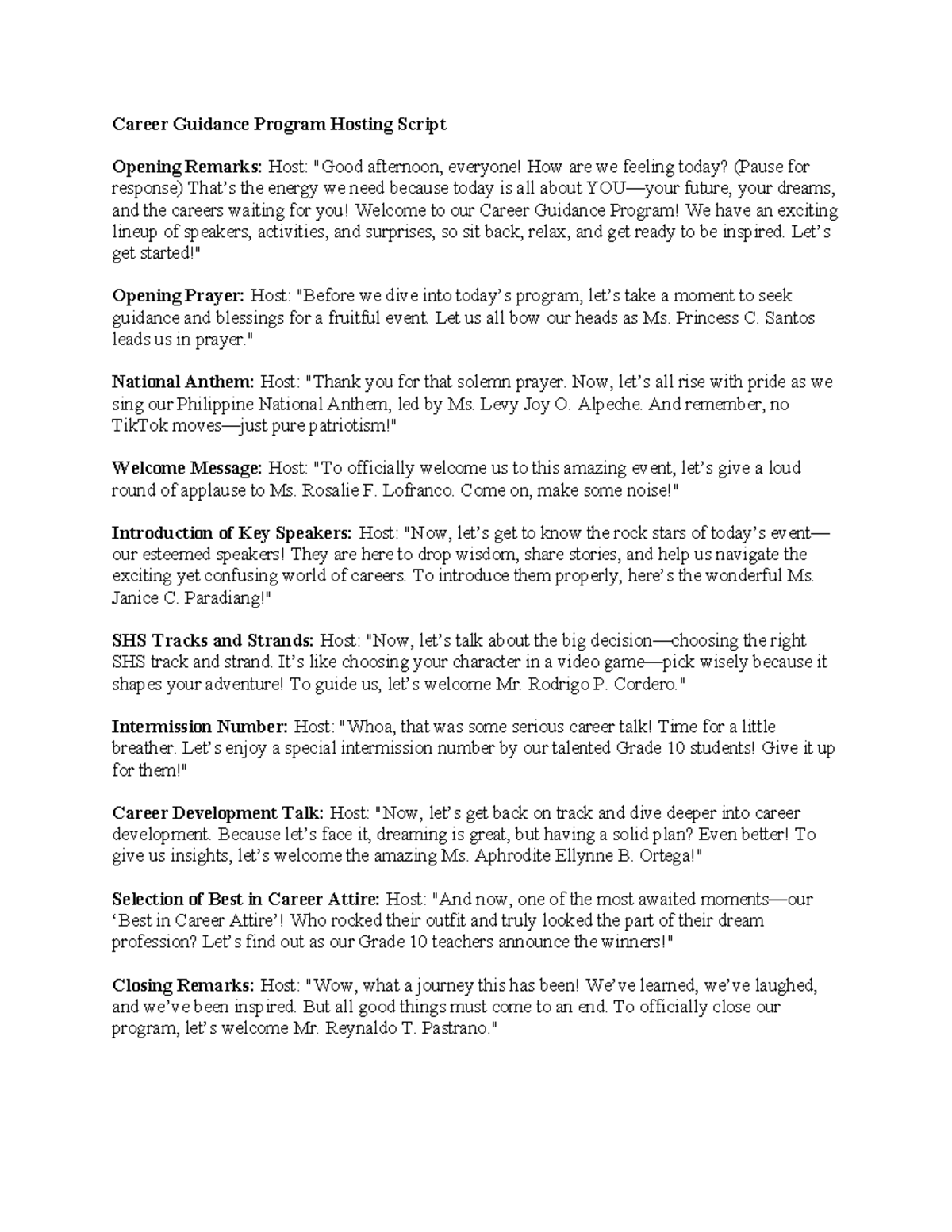 Career Guidance Program Host Script: Inspiring Future Careers - Studocu