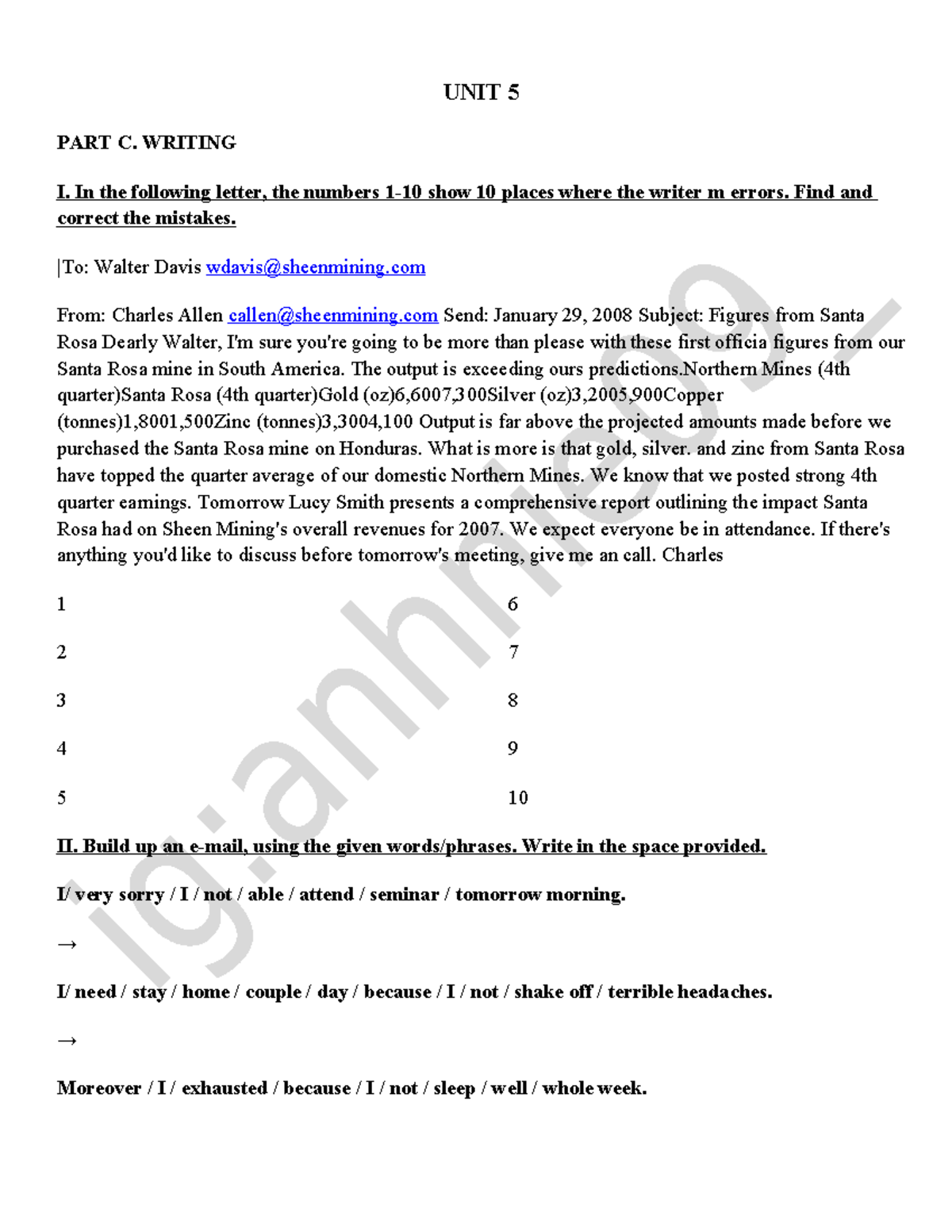 UNIT 5 PART C: WRITING I - Error Correction Exercise - Studocu