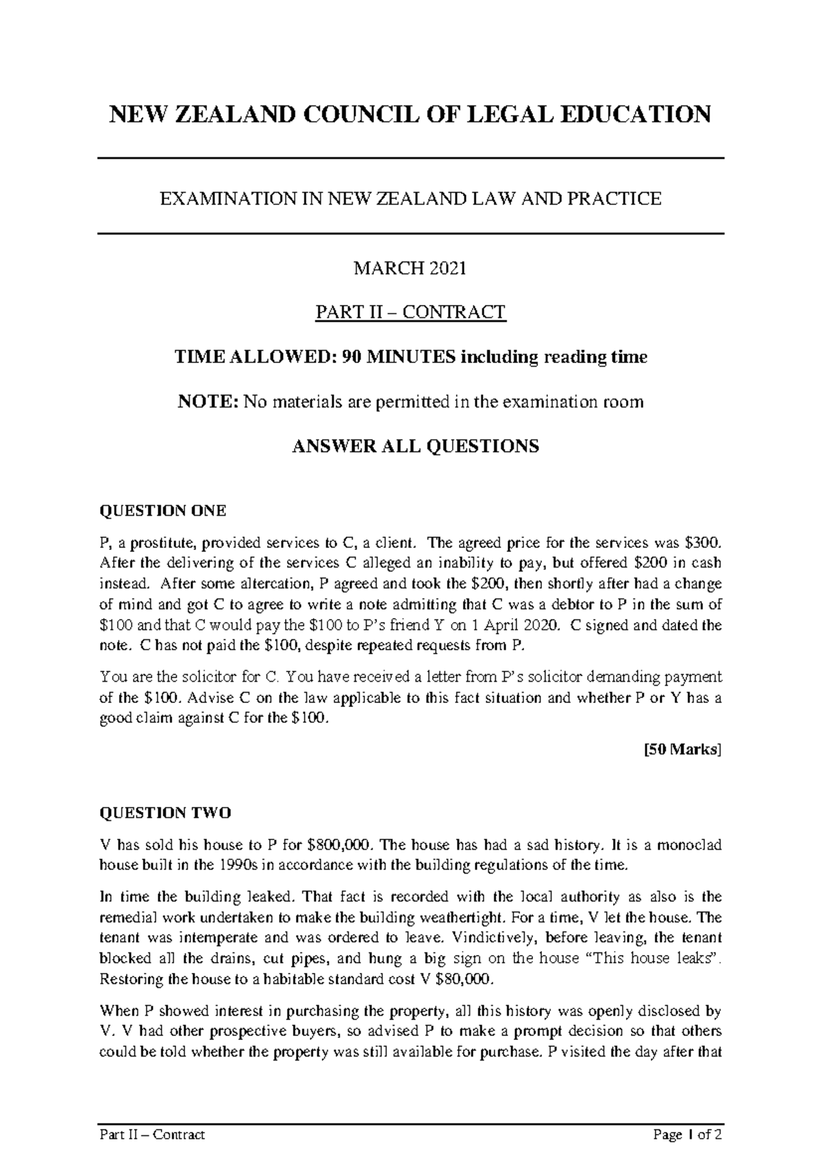 Mar 2021 - NZ Legal Exam: Part II Contract Law Analysis - Studocu