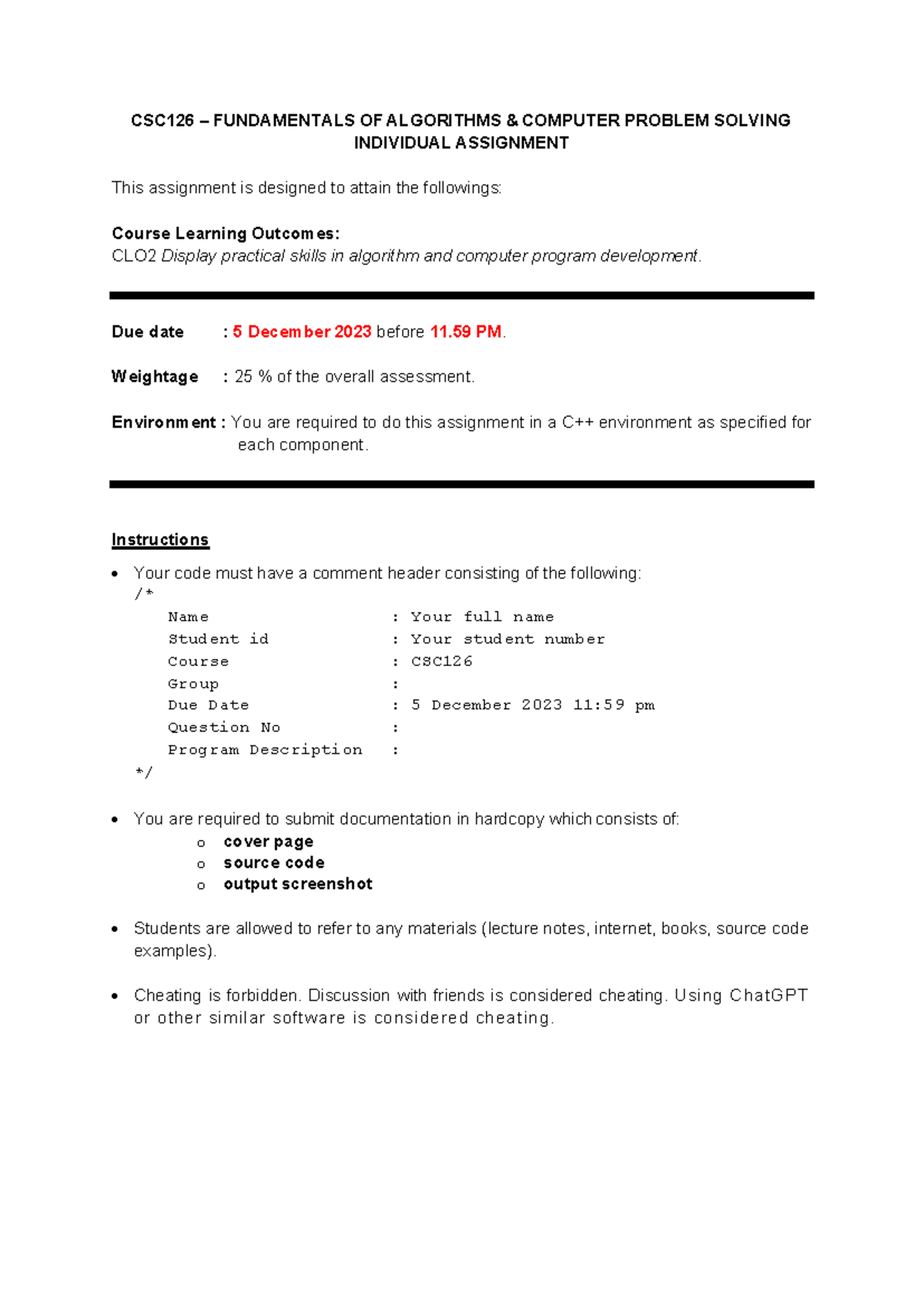 CSC126 Individual Assignment - CSC126 – FUNDAMENTALS OF ALGORITHMS ...