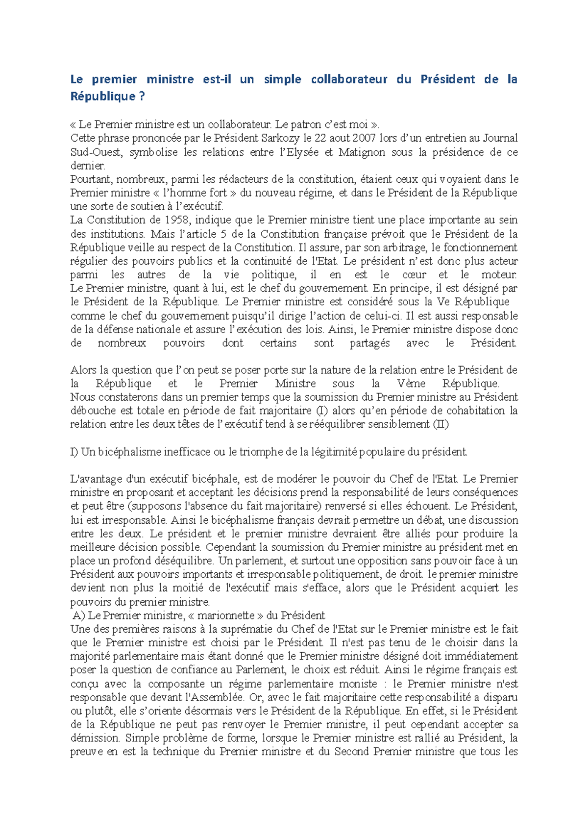 La Relation entre le Président et le Premier Ministre sous la Ve ...