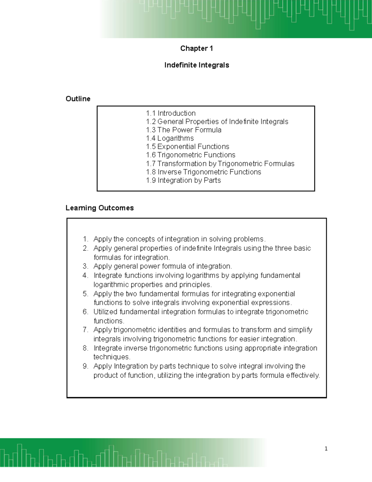 Chapter 1: Indefinite Integrals Overview (MATH 101) - Studocu
