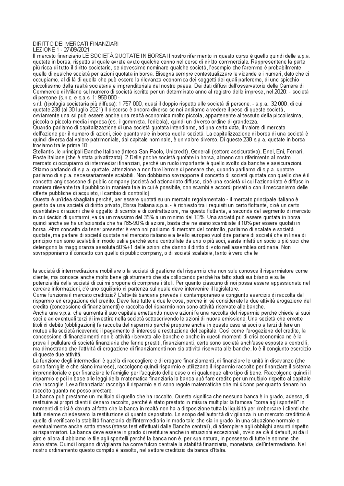 DIRITTO DEI MERCATI FINANZIARI - LEZIONE 1: Introduzione al Mercato ...