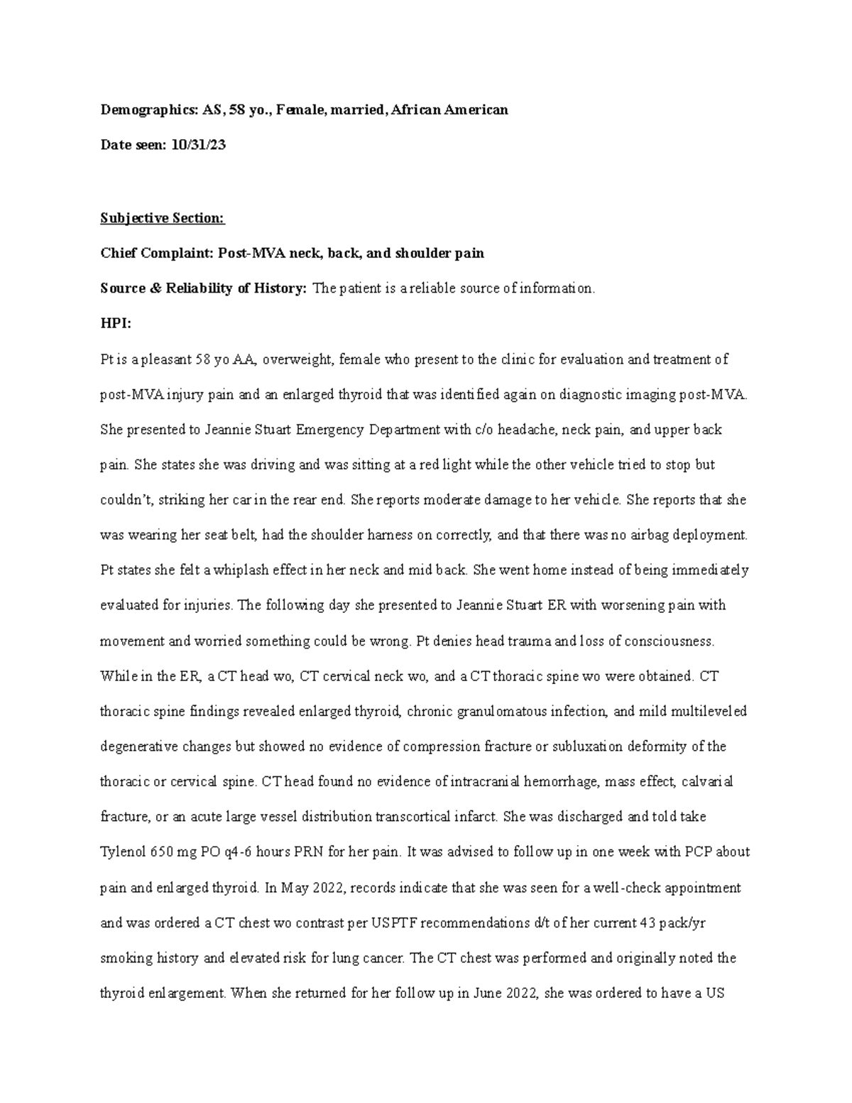 MVA SOAP Note - Assessment and Management of Post-MVA Injuries - Studocu