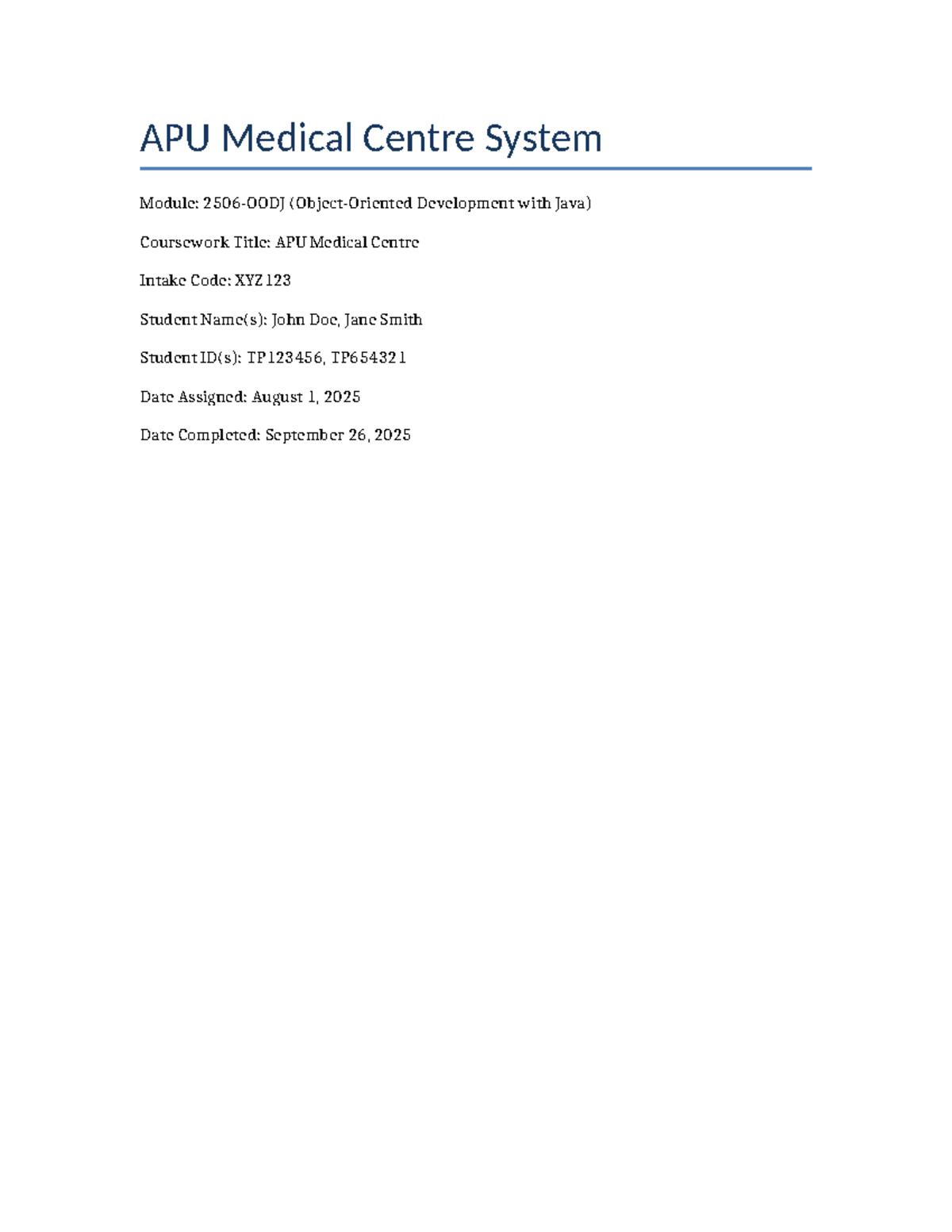 APU Medical Centre System Module: Java Development Report (XYZ123 ...