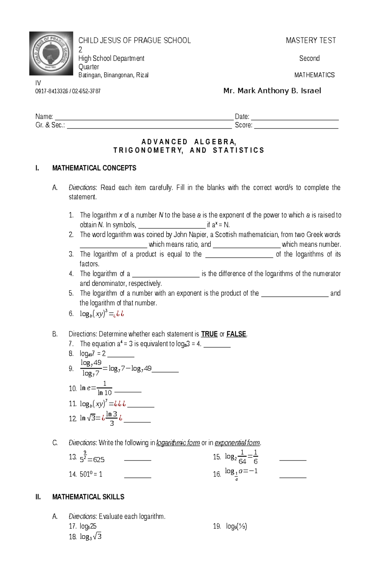 Mastery Test Examination - CHILD JESUS OF PRAGUE SCHOOL MASTERY TEST 2 ...