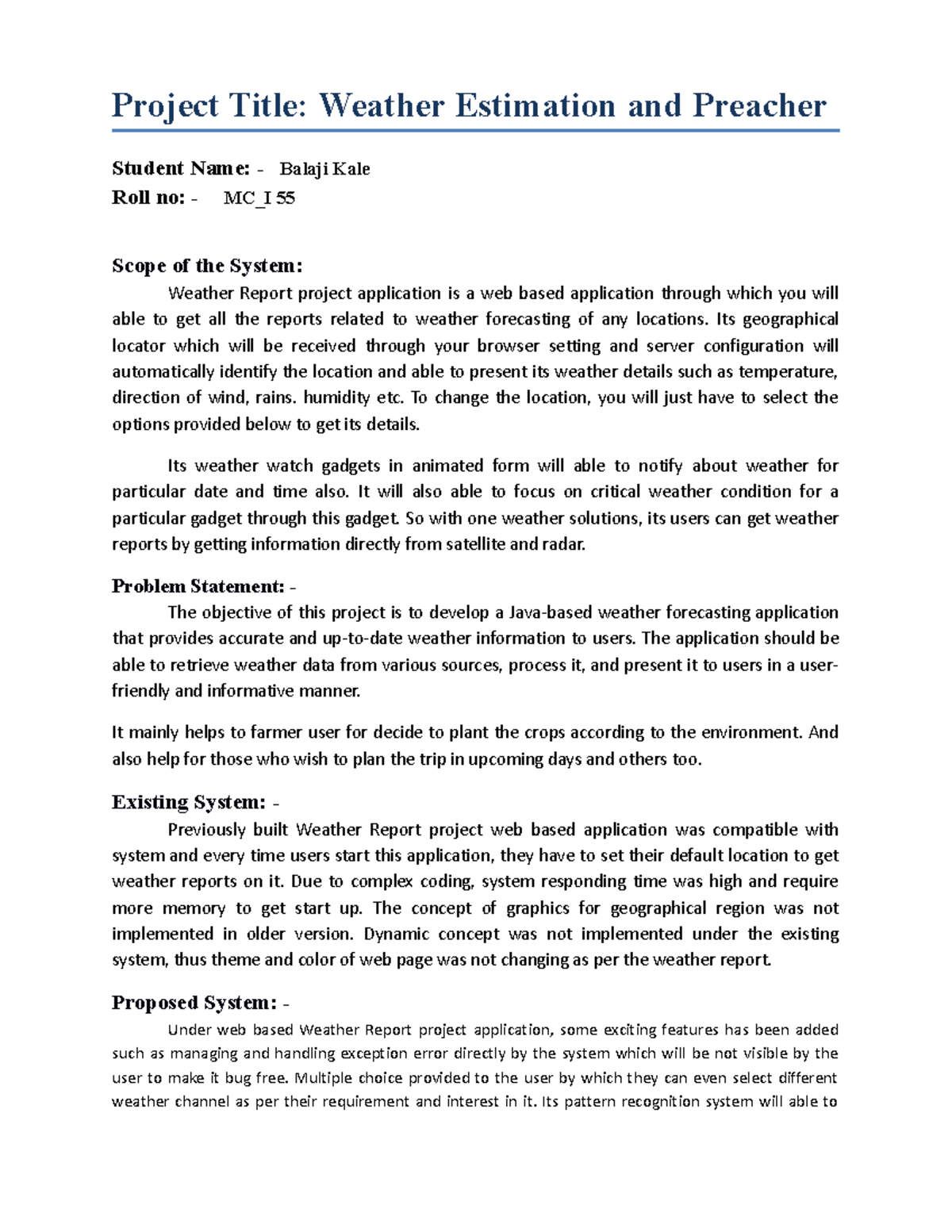 MC_I 55: Weather Estimation and Forecasting System Synopsis - Studocu