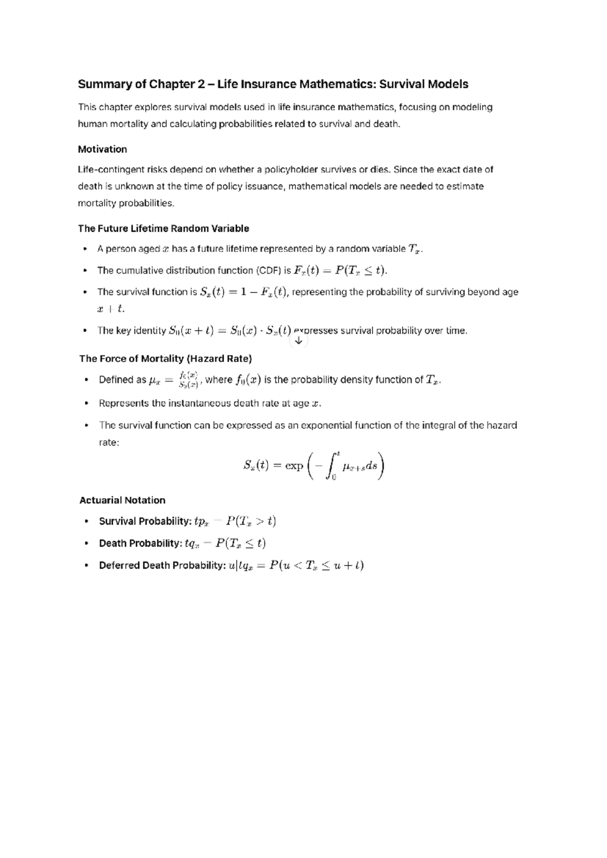 Summary of Chapter 2: Survival Models in Life Insurance Math - Studeersnel