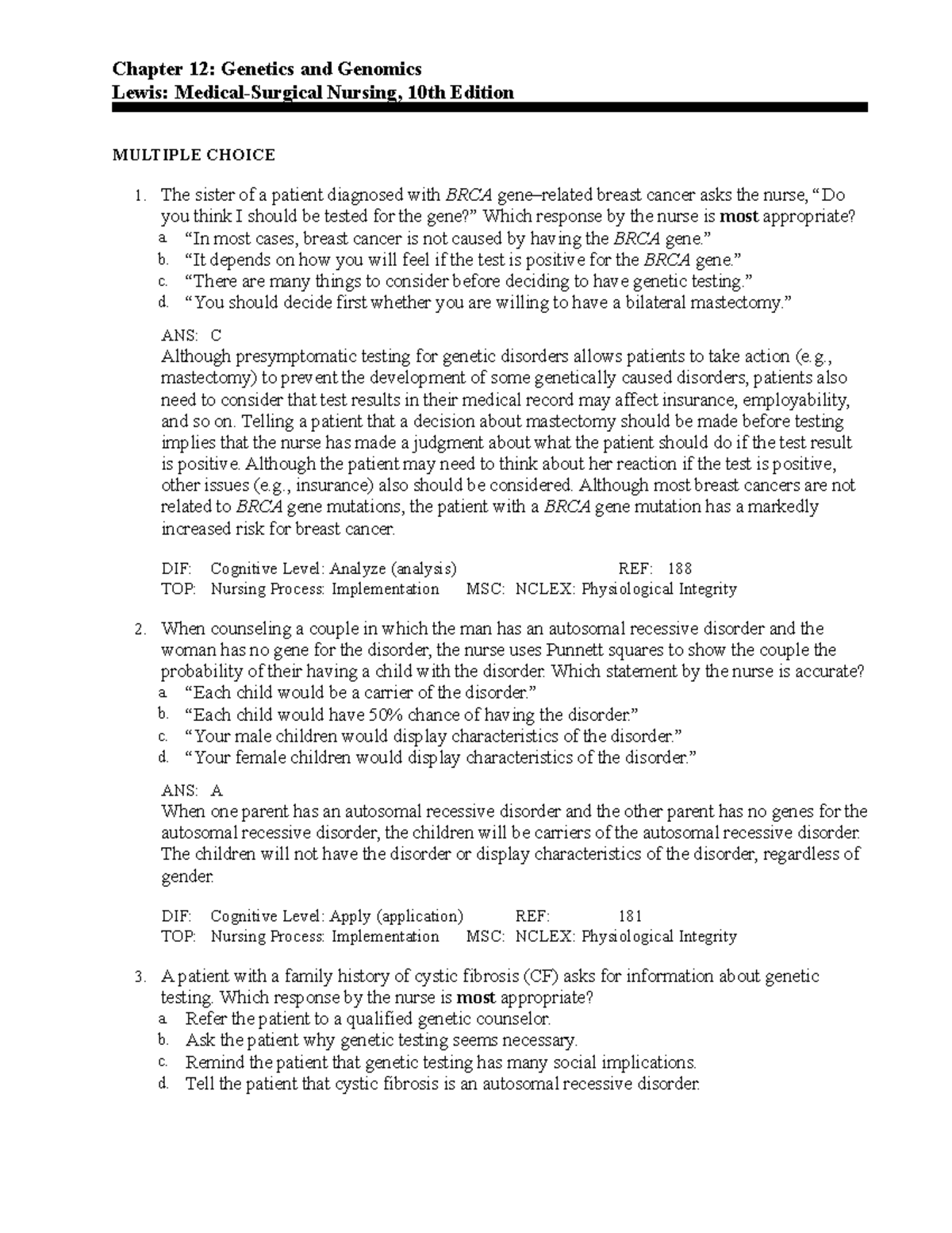 C12 - Chapter 12 Genetics and Genomics Test Bank Review - Studocu