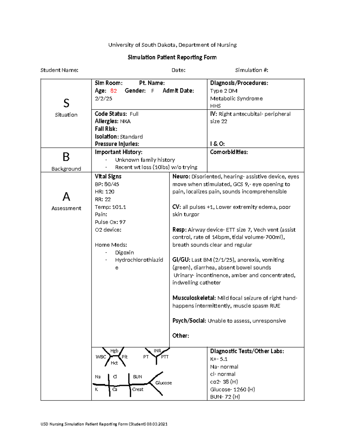 USD Nursing Simulation Patient Reporting Form - Student Assessment ...