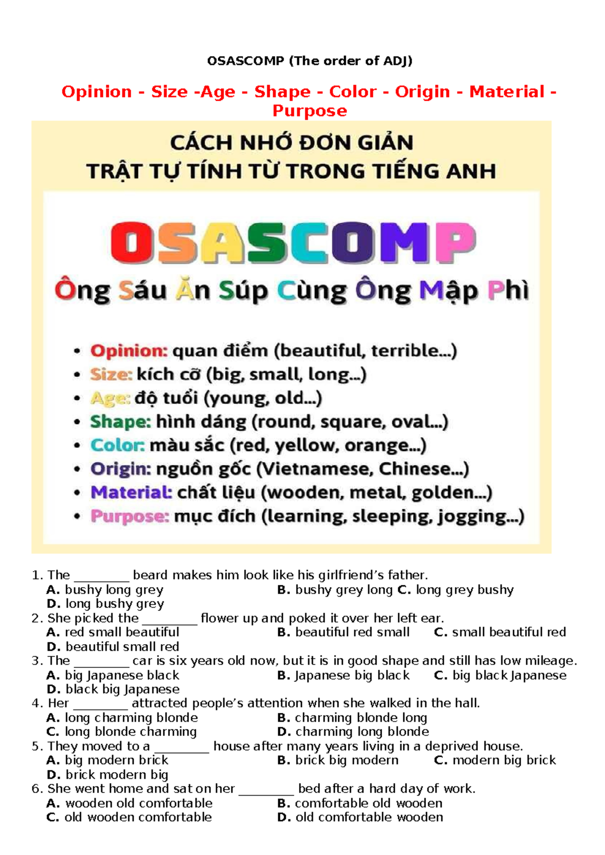 U3 The order of Adj HS - OSASCOMP (The order of ADJ) Opinion - Size ...