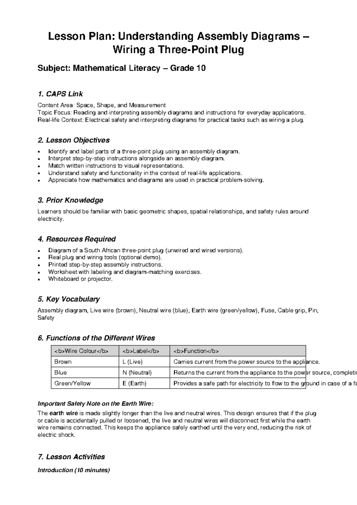 Grade 10 Lesson Plan: Assembly Diagrams & Wiring a Plug - Studocu