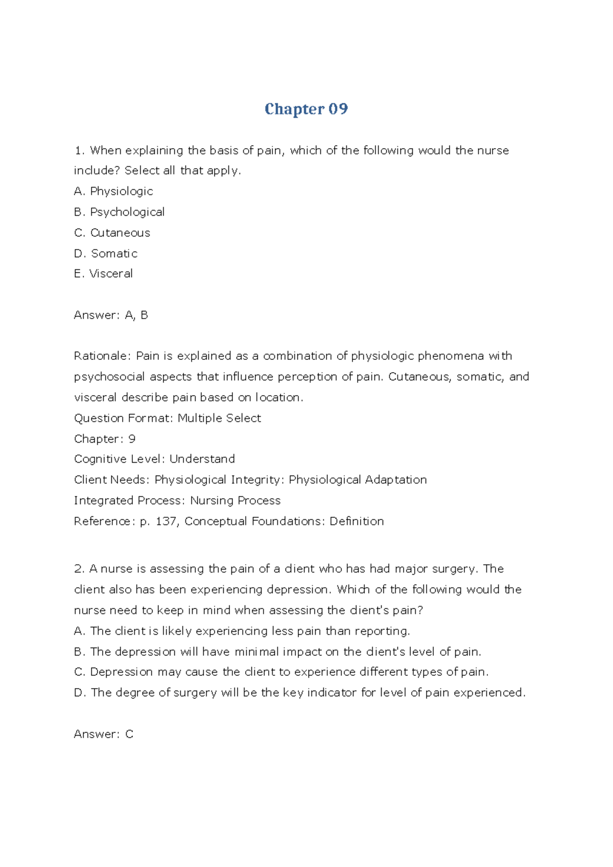 TG Ch 09 - Questions on Pain Assessment and Management - Studocu