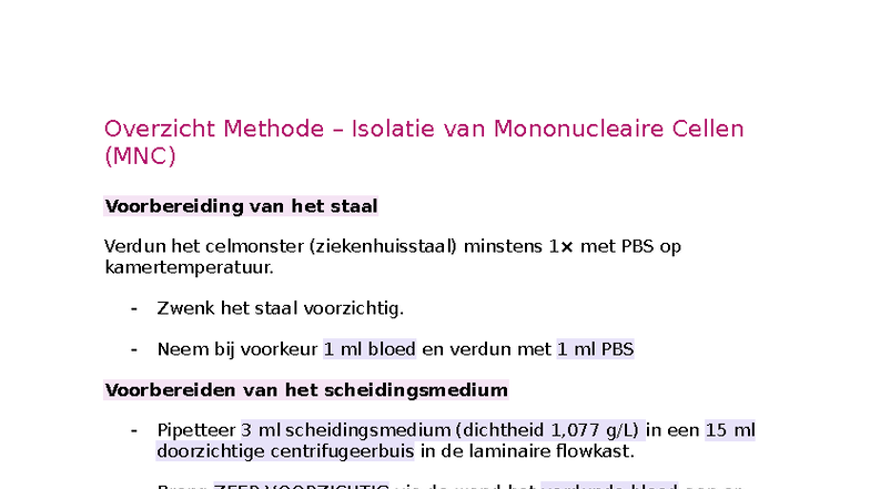 Practicum 2: Isolatie van Mononucleaire Cellen (MNC) en Celtelling ...