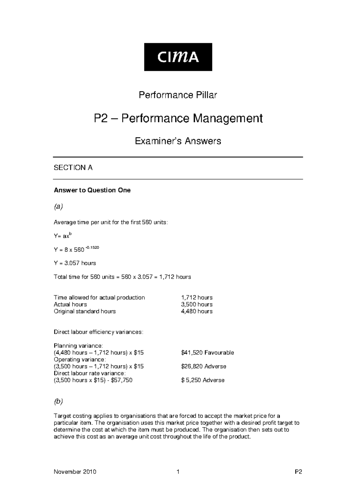 P2 Performance Management November 2010 Exam Answers - Studocu