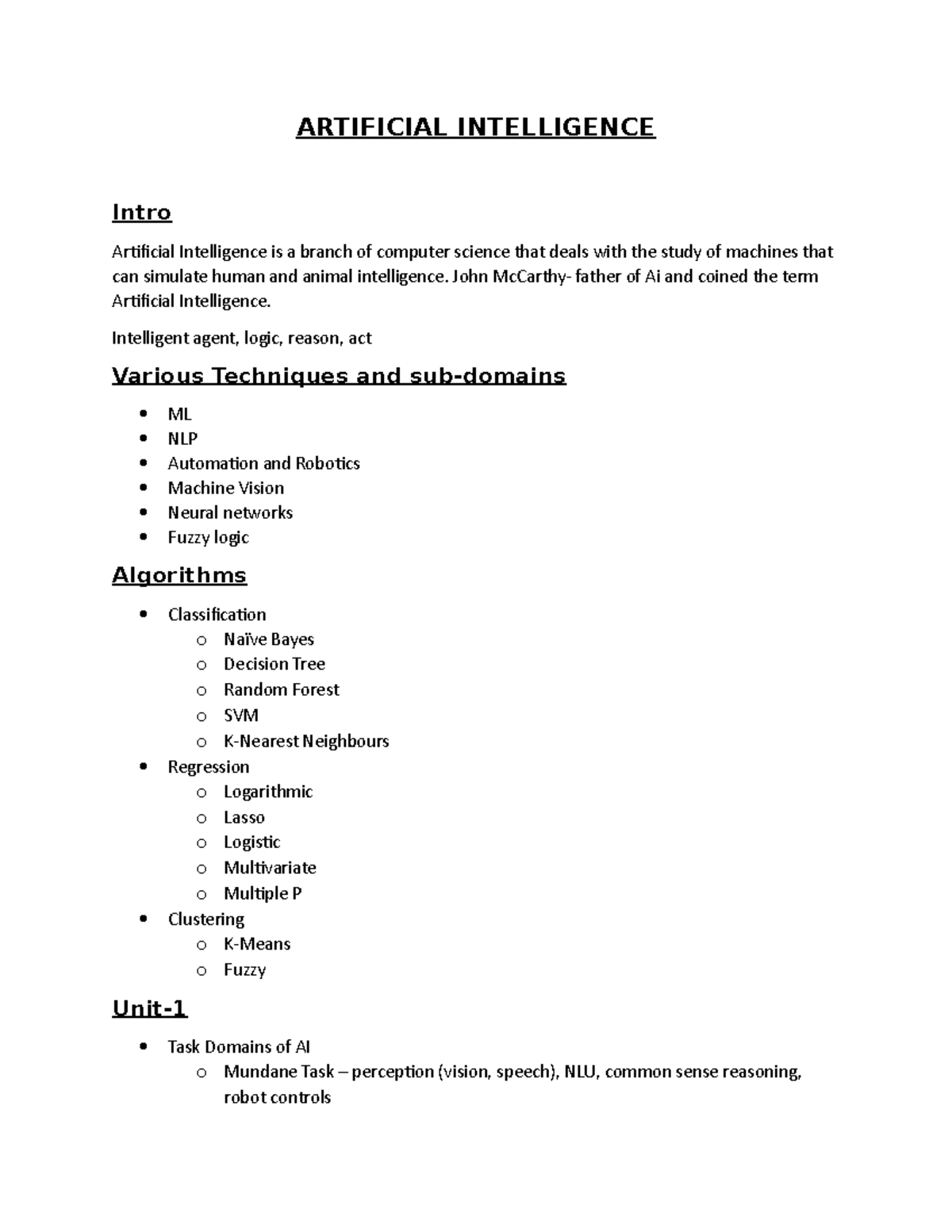 Artificial Intelligence (AI) Study Notes for CS101 Class - Studocu