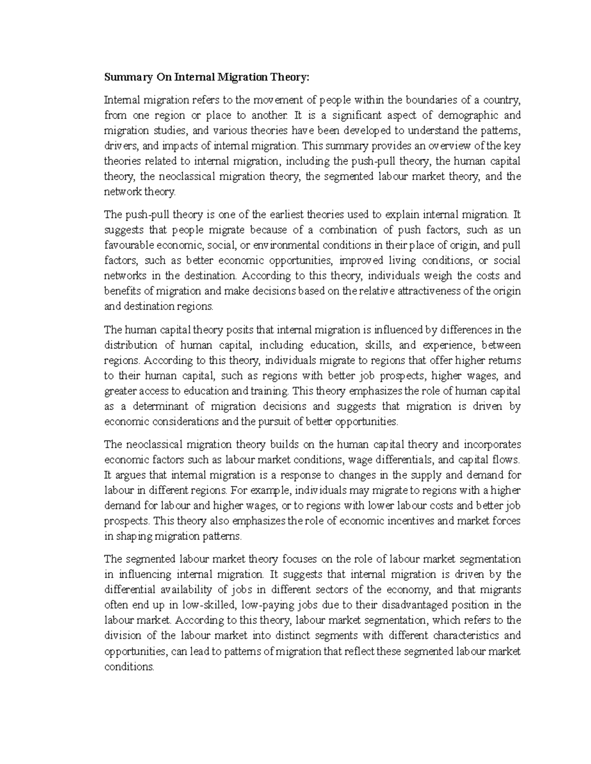 Internal Migration Theory Overview and Key Concepts Summary - Studocu