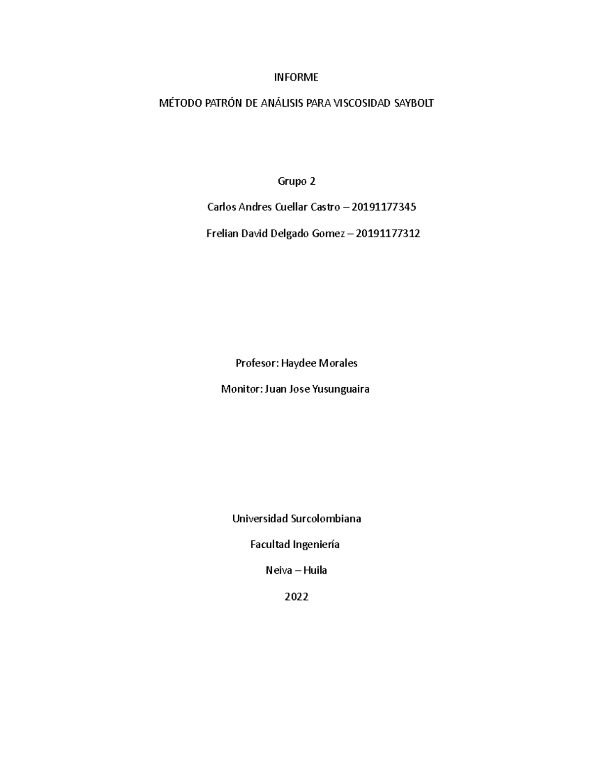 Informe sobre el Método Patrón para Análisis de Viscosidad Saybolt - Document Preview