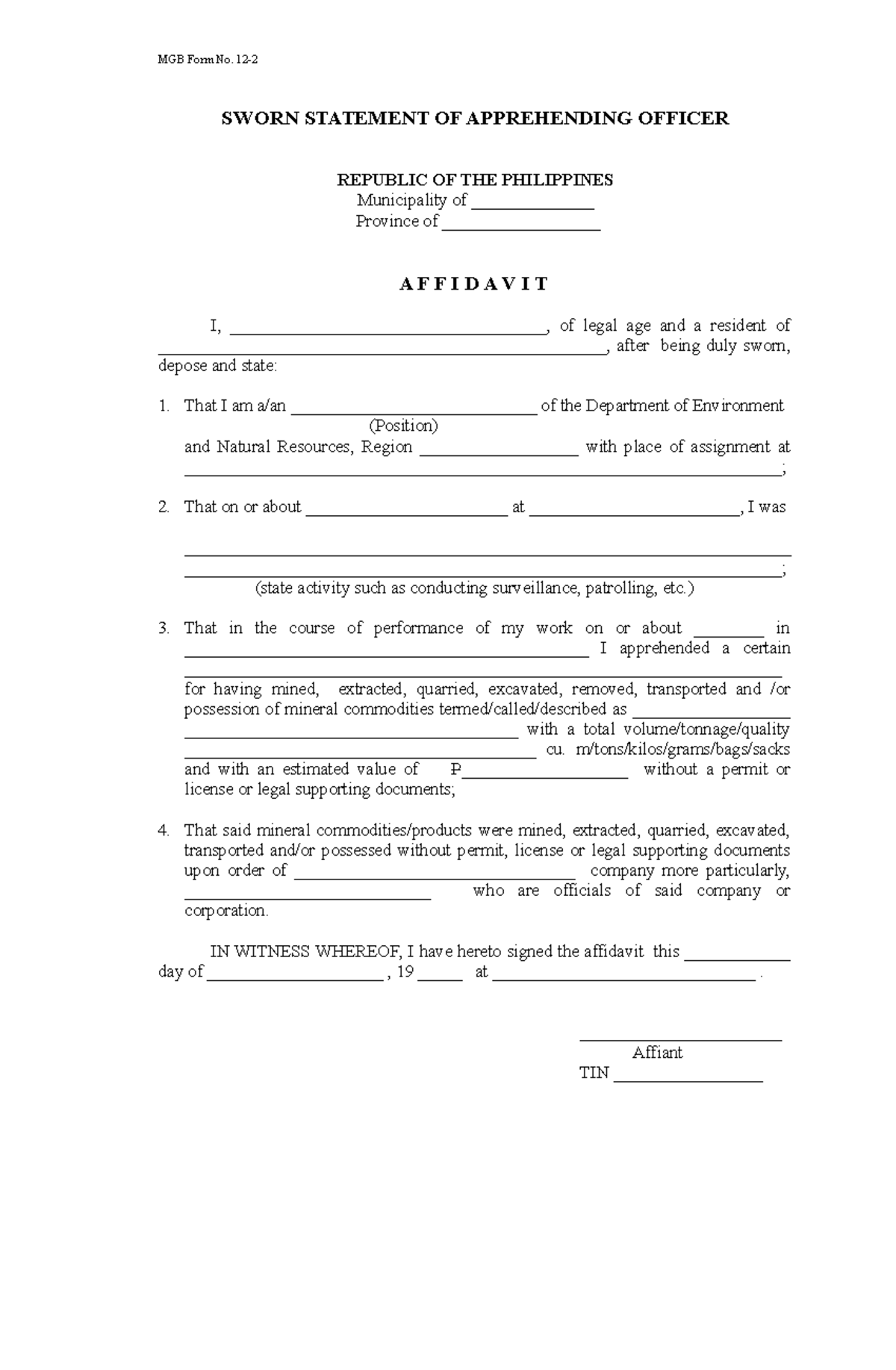 Affidavit of Apprehending Officer - MGB Form No. 12 - Studocu