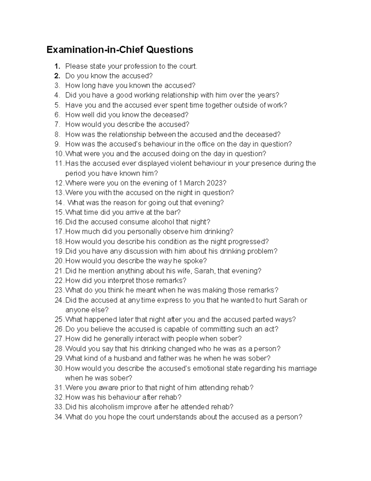 Examination-in-Chief Questions for Court Testimony - Studocu